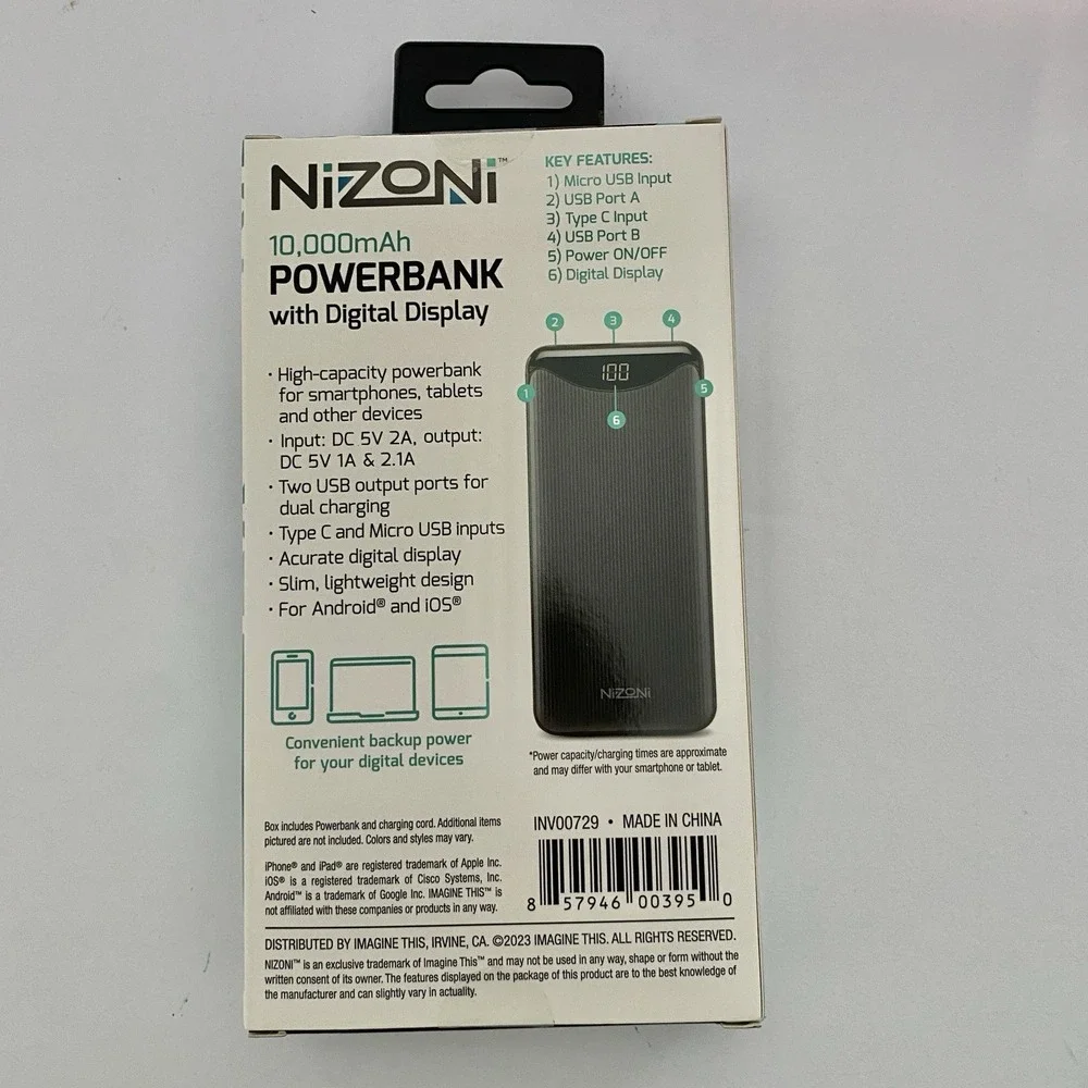 NiZONi 10000mAh Power‎ Bank Portable Charger with Digital Display Dual Output